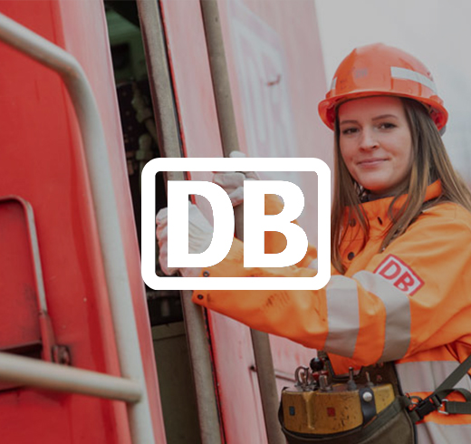 DB logo next to woman in orange high vis jacket and a hard hat
